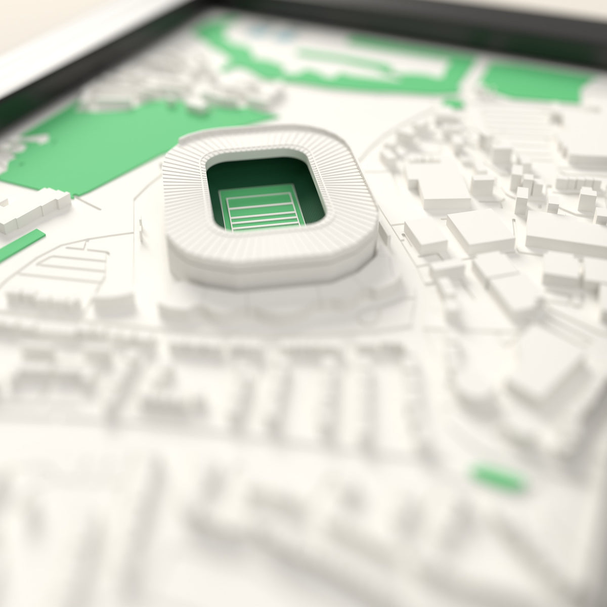 3D Twickenham Stadium Map Framed - Close-up across the 3D map: the real Twickenham Stadium stands with green seats around the green pitch