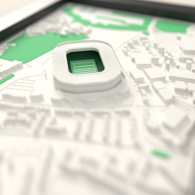 3D Twickenham Stadium Map Framed - Close-up across the 3D map: the real Twickenham Stadium stands with green seats around the green pitch