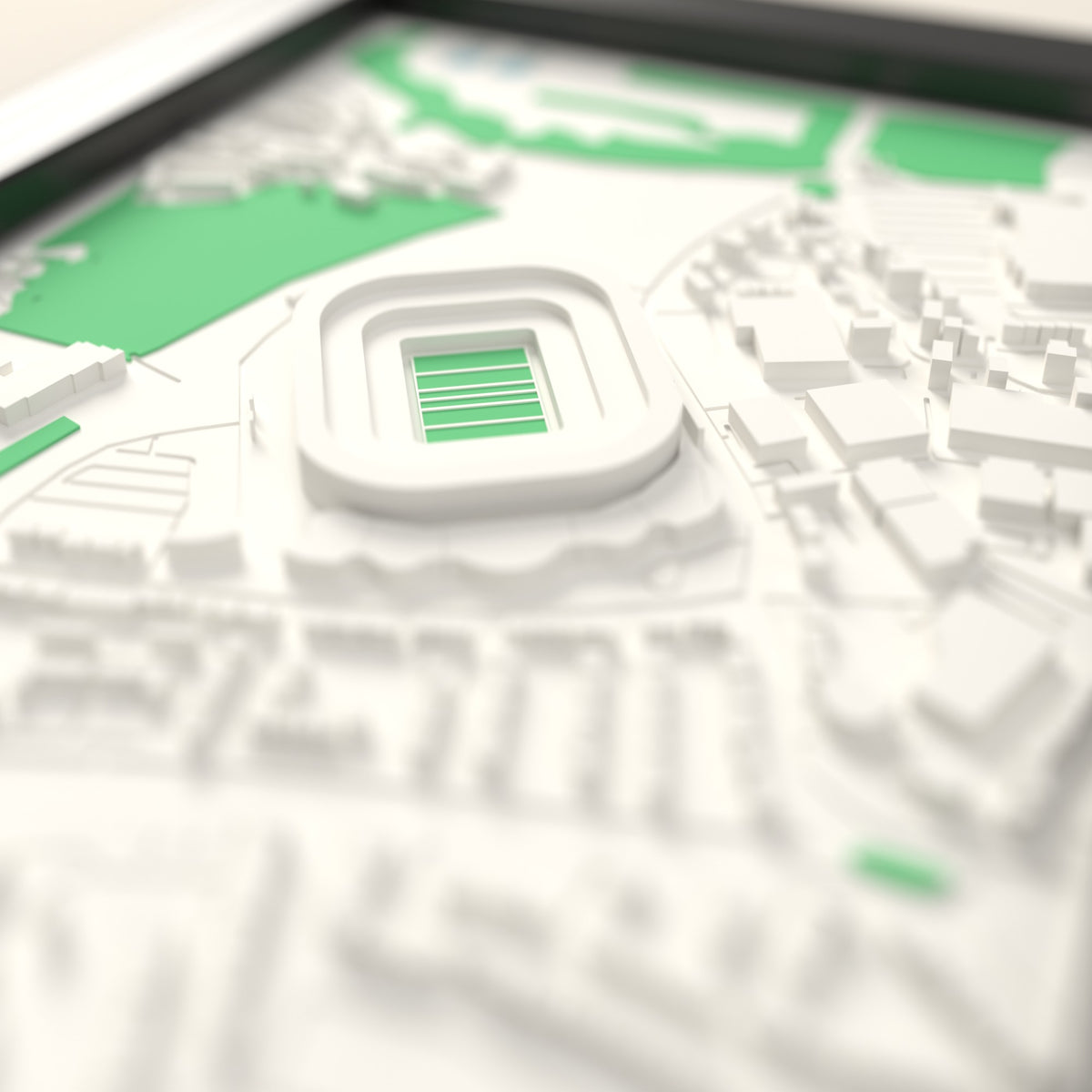 3D Twickenham Stadium Map Framed - Close-up across the 3D map showing the Twickenham Stadium stands and green pitch standing up from the streets