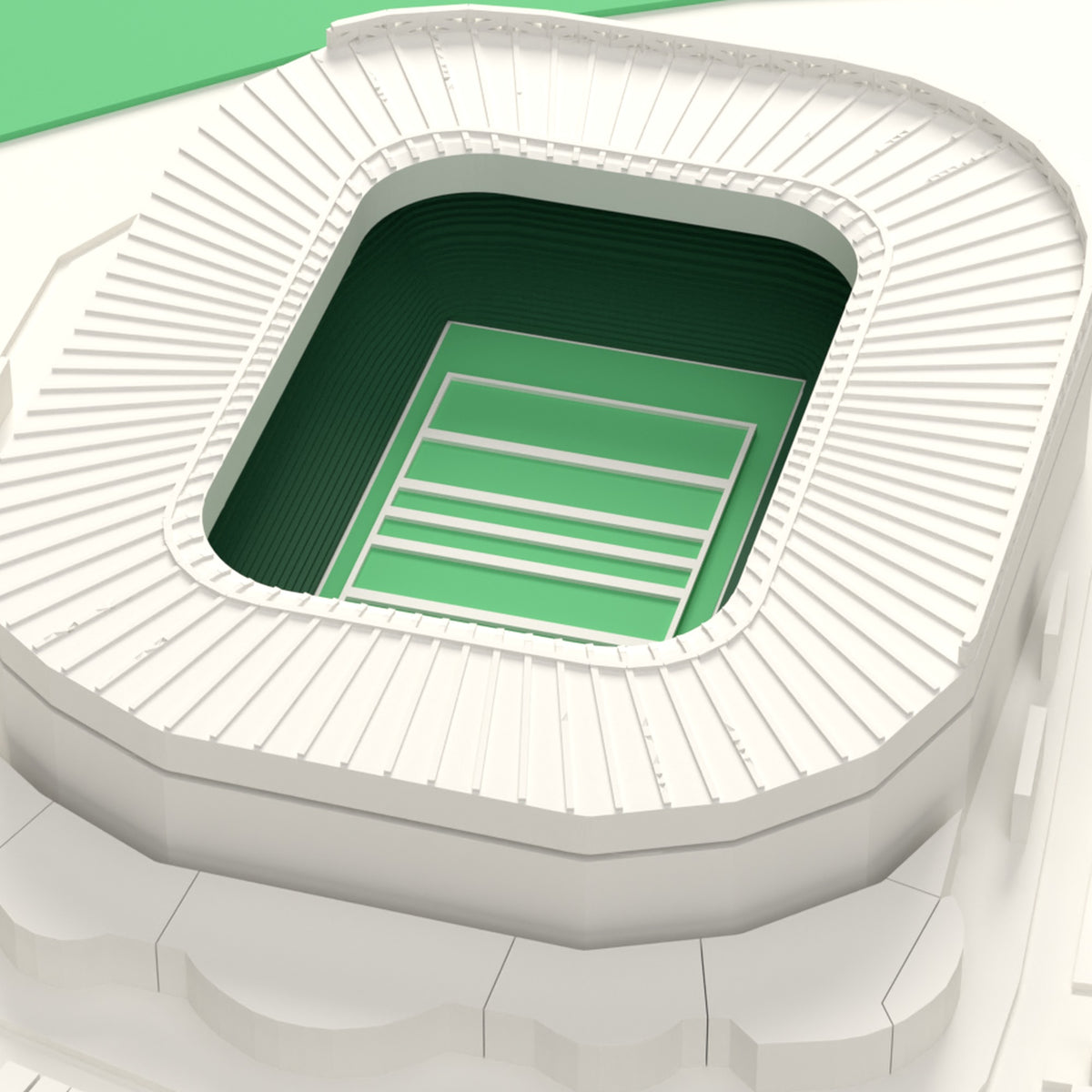 3D Twickenham Stadium Map Framed - Close-up of the 3D printed Twickenham: the continuous bowl roof with its radial frames, the girder round the back and green seats