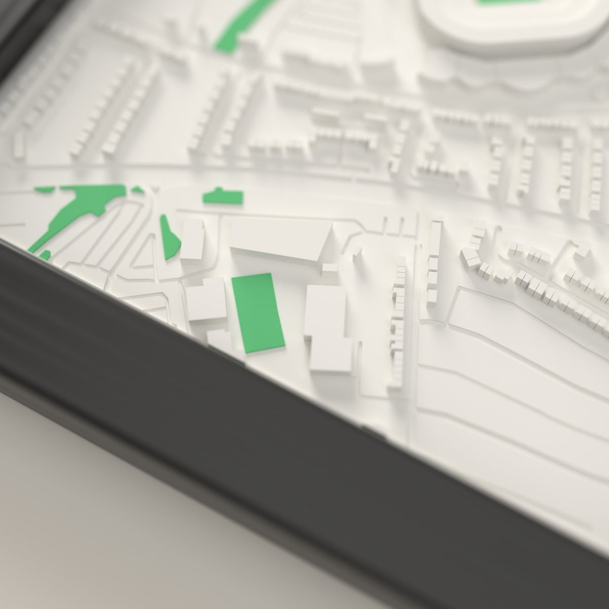 3D Twickenham Stadium Map Framed - Close-up of the raised streets and buildings around Twickenham Stadium on the 3D printed map