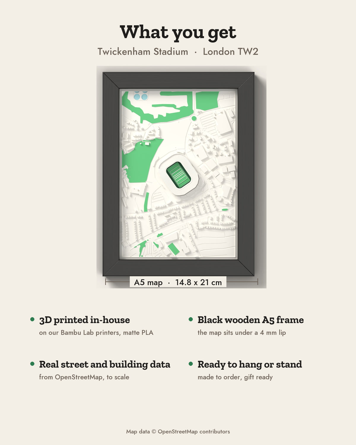 3D Twickenham Stadium Map Framed - What you get: A5 3D stadium map, 14.8 x 21 cm, in a black wooden frame