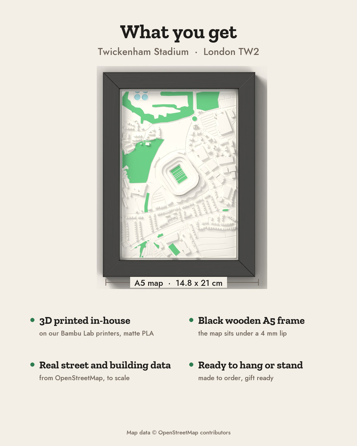 3D Twickenham Stadium Map Framed - What you get: A5 3D stadium map, 14.8 x 21 cm, in a black wooden frame