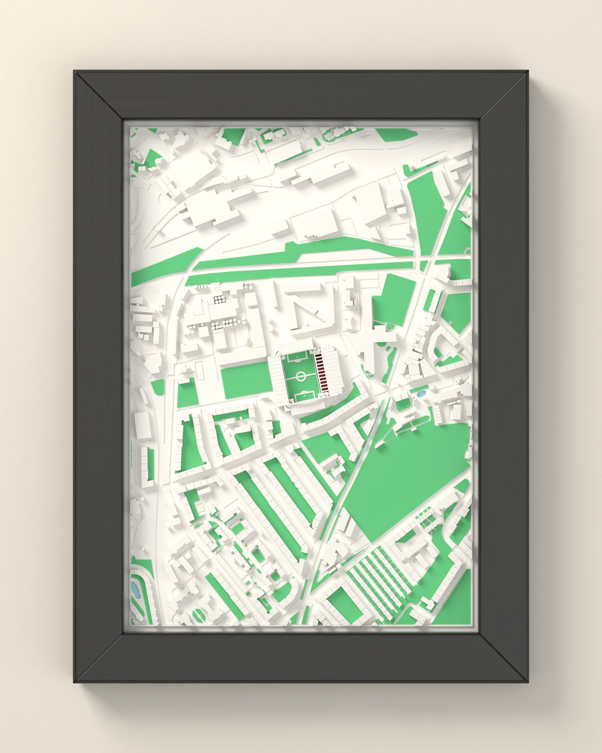 3D Tynecastle Park Map Framed - 3D printed Tynecastle Park map in a black wooden A5 frame, lit from the side