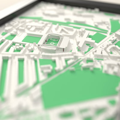 3D Tynecastle Park Map Framed - Close-up across the 3D map showing the Tynecastle Park stands and green pitch standing up from the streets