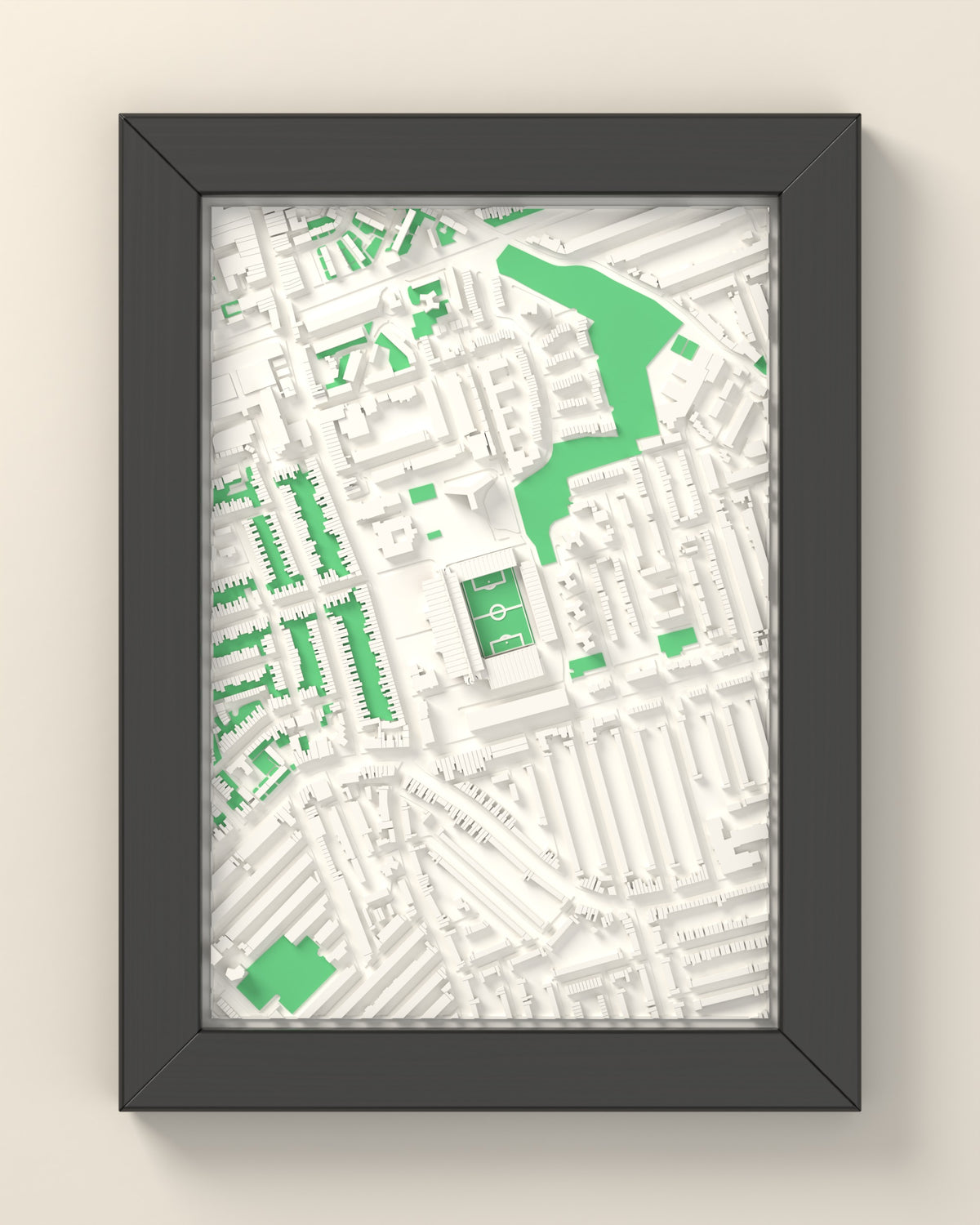 3D Upton Park Map Framed - 3D printed Upton Park lost ground map in a black wooden A5 frame, lit from the side