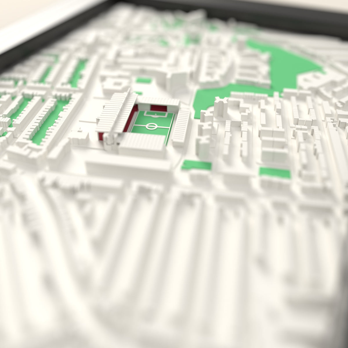 3D Upton Park Map Framed - Close-up across the 3D map showing the old Upton Park stands and green pitch standing up from the streets
