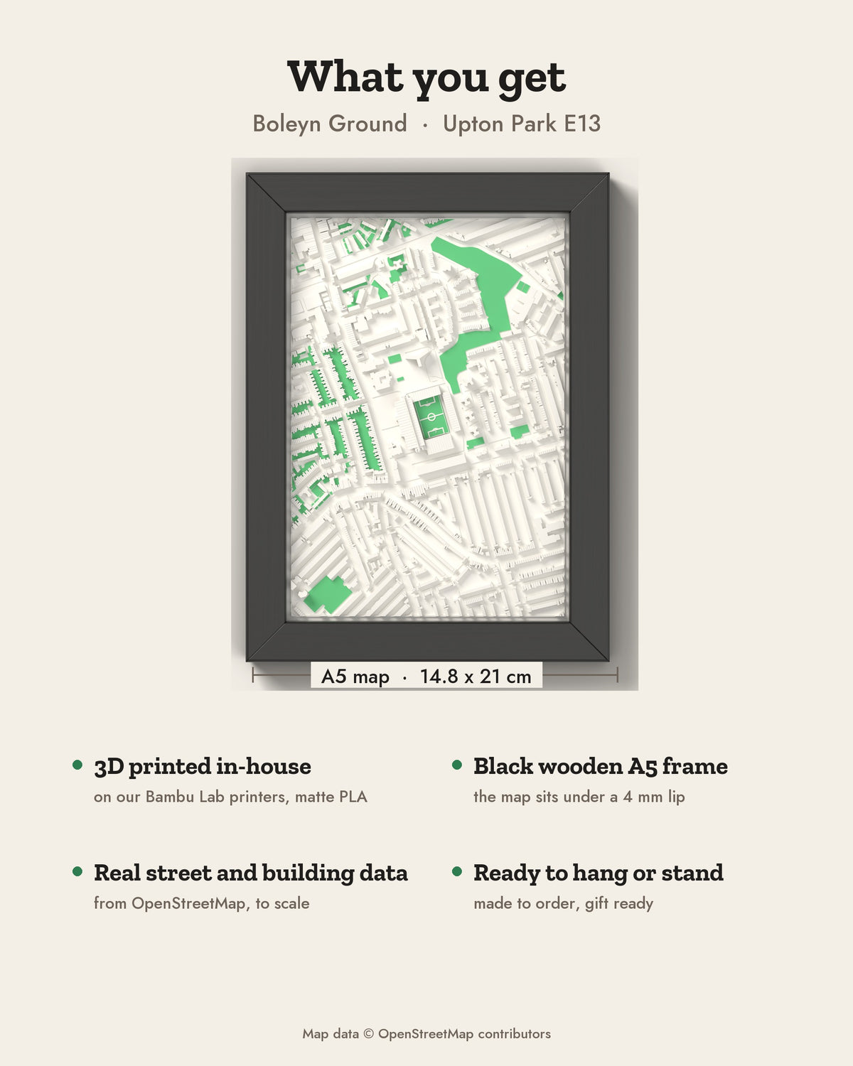 3D Upton Park Map Framed - What you get: A5 3D stadium map, 14.8 x 21 cm, in a black wooden frame