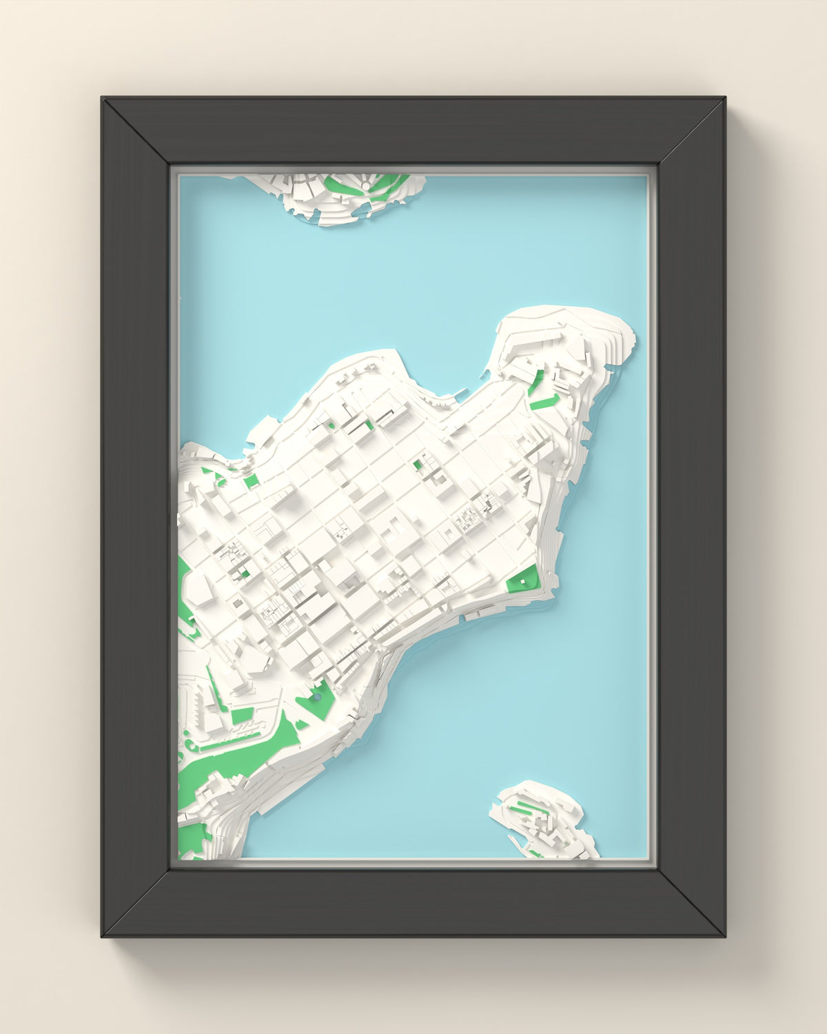 3D Valletta Map Framed - 3D printed Valletta map in a black wooden A5 frame, lit from the side