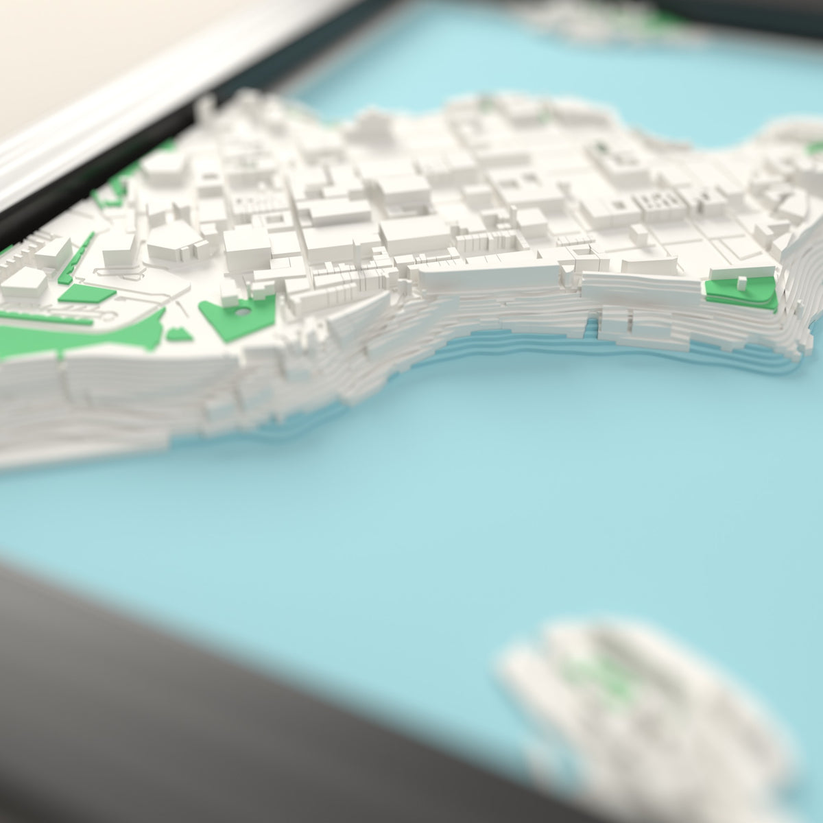 3D Valletta Map Framed - Close-up across the 3D Valletta map showing the raised streets and buildings