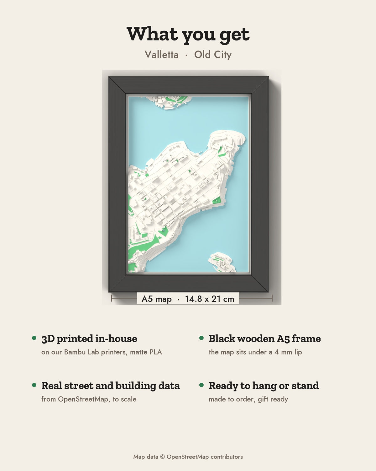 3D Valletta Map Framed - What you get: A5 3D city map, 14.8 x 21 cm, in a black wooden frame