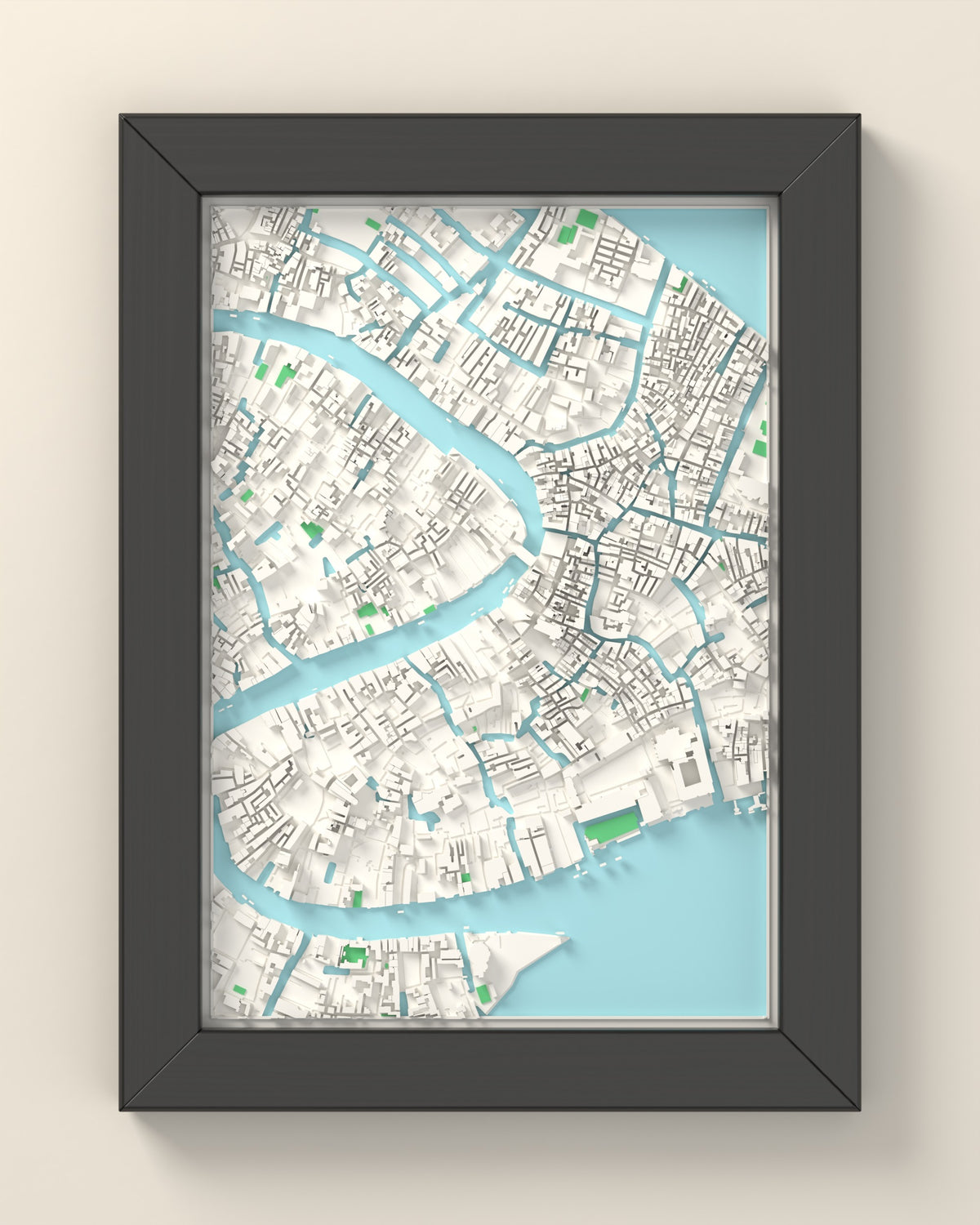 3D Venice Map Framed - 3D printed Venice map in a black wooden A5 frame, lit from the side