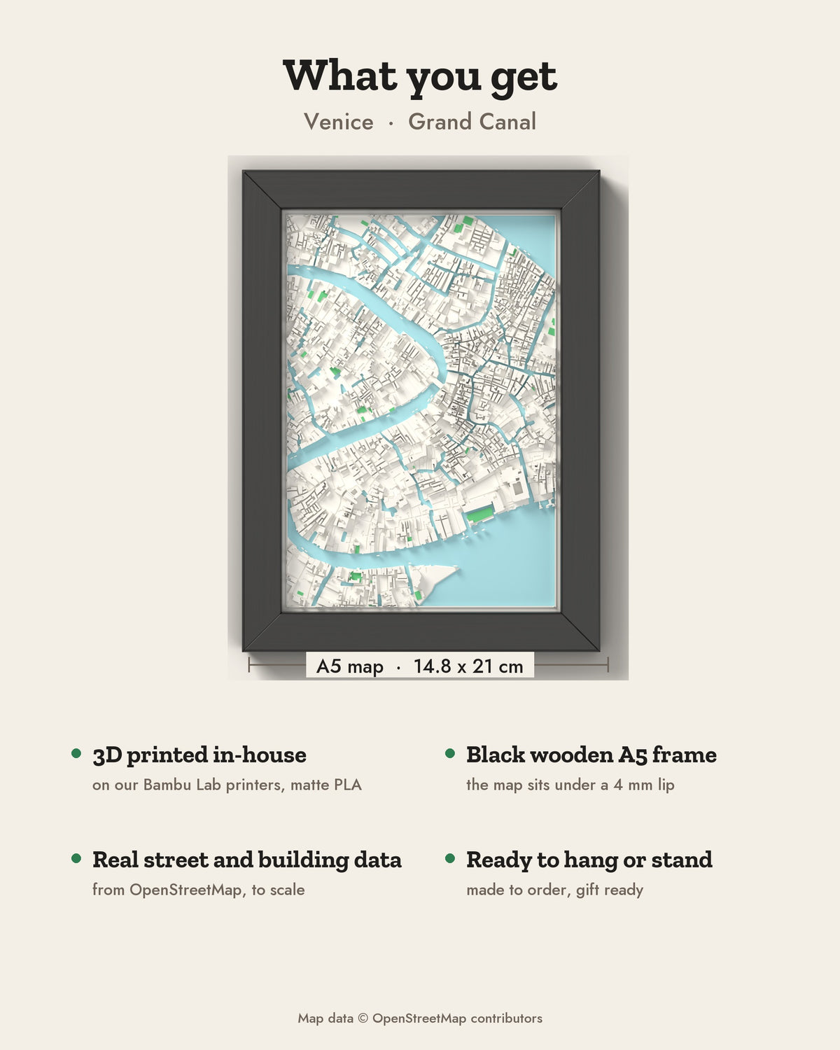 3D Venice Map Framed - What you get: A5 3D city map, 14.8 x 21 cm, in a black wooden frame