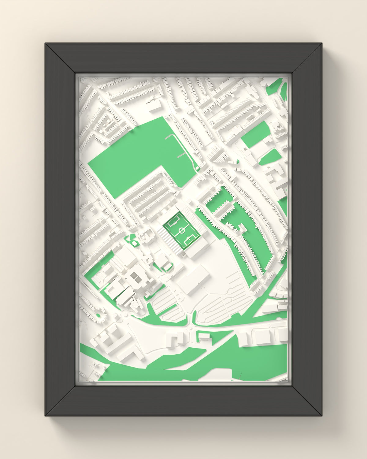 3D Vicarage Road Map Framed - 3D printed Vicarage Road map in a black wooden A5 frame, lit from the side