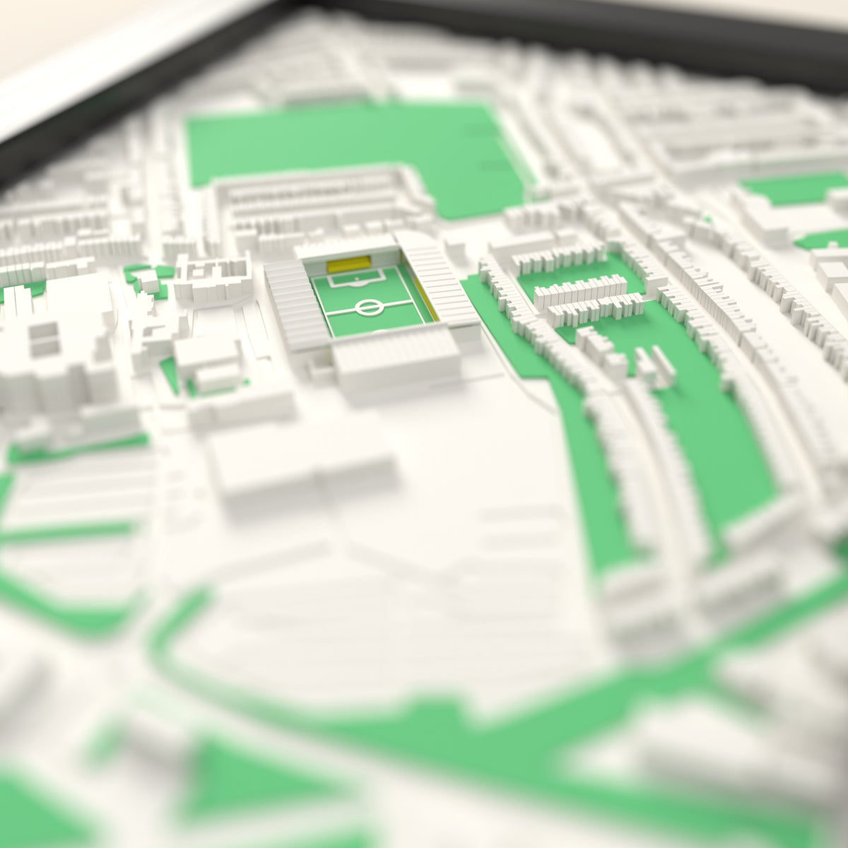 3D Vicarage Road Map Framed - Close-up across the 3D map showing the Vicarage Road stands and green pitch standing up from the streets