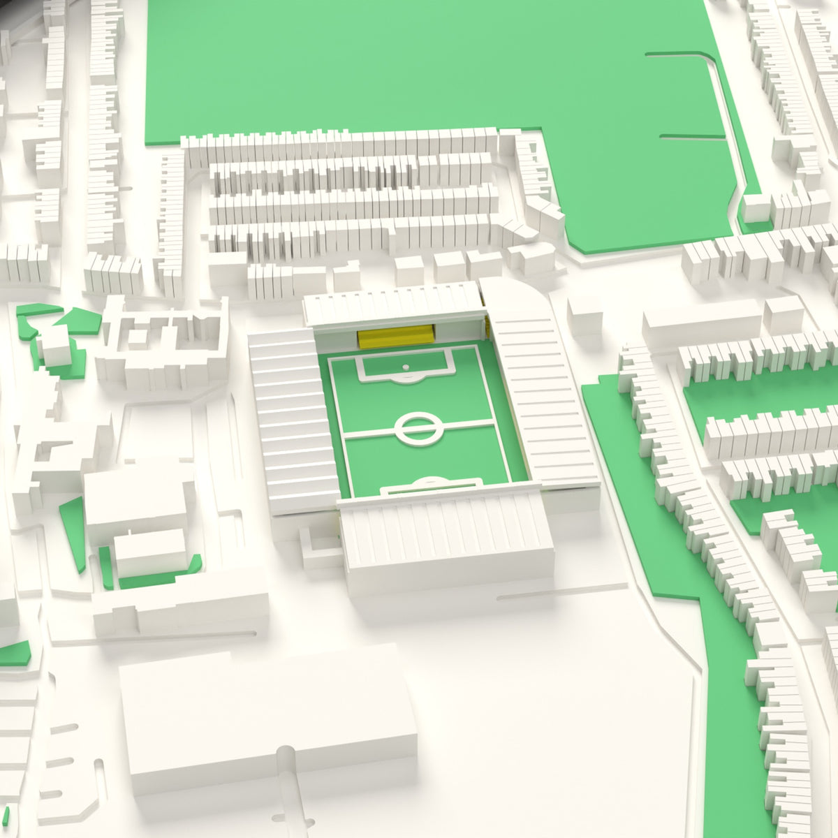 3D Vicarage Road Map Framed - Vicarage Road on the 3D printed map, seen from above the corner of the ground