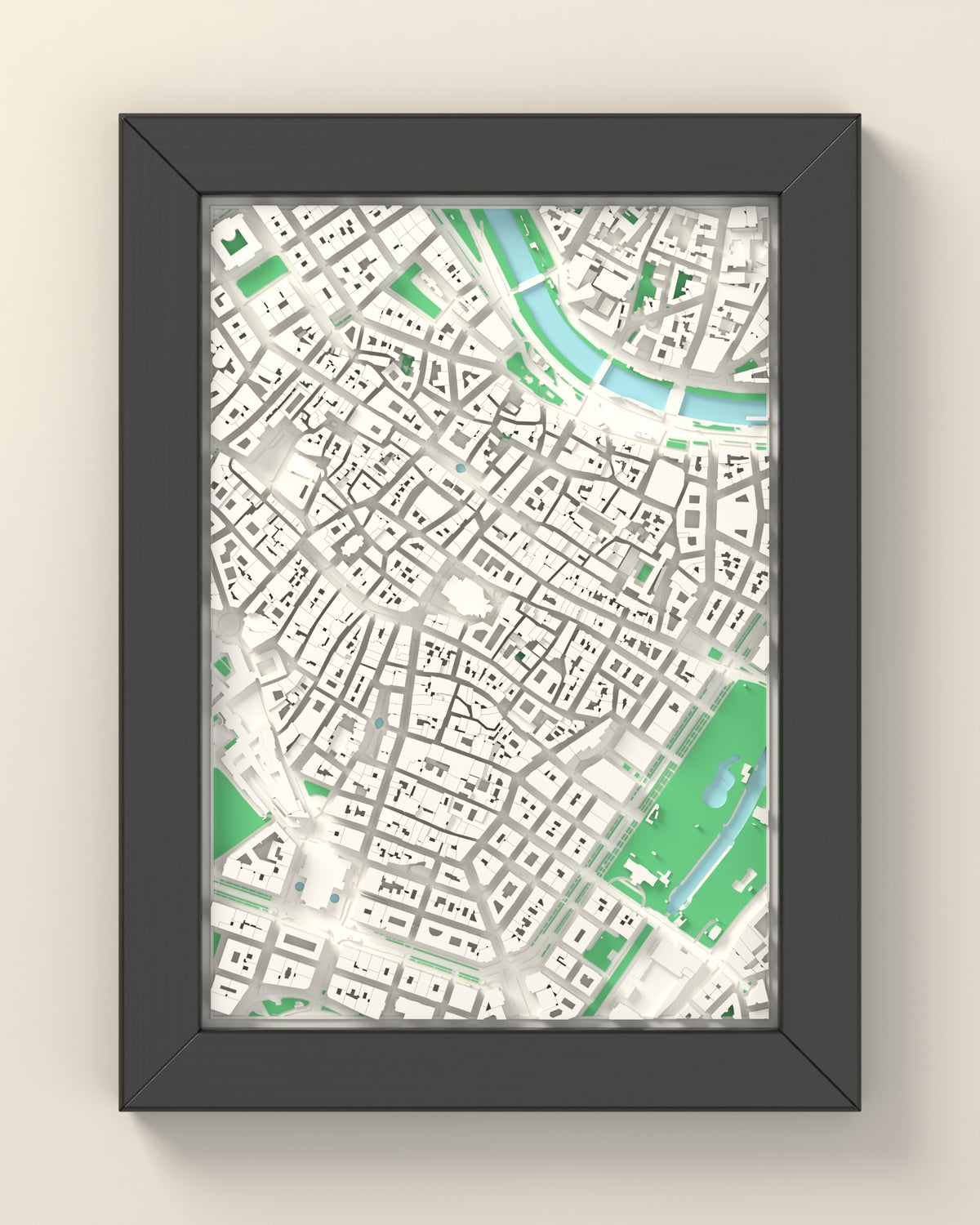 3D Vienna Map Framed - 3D printed Vienna map in a black wooden A5 frame, lit from the side