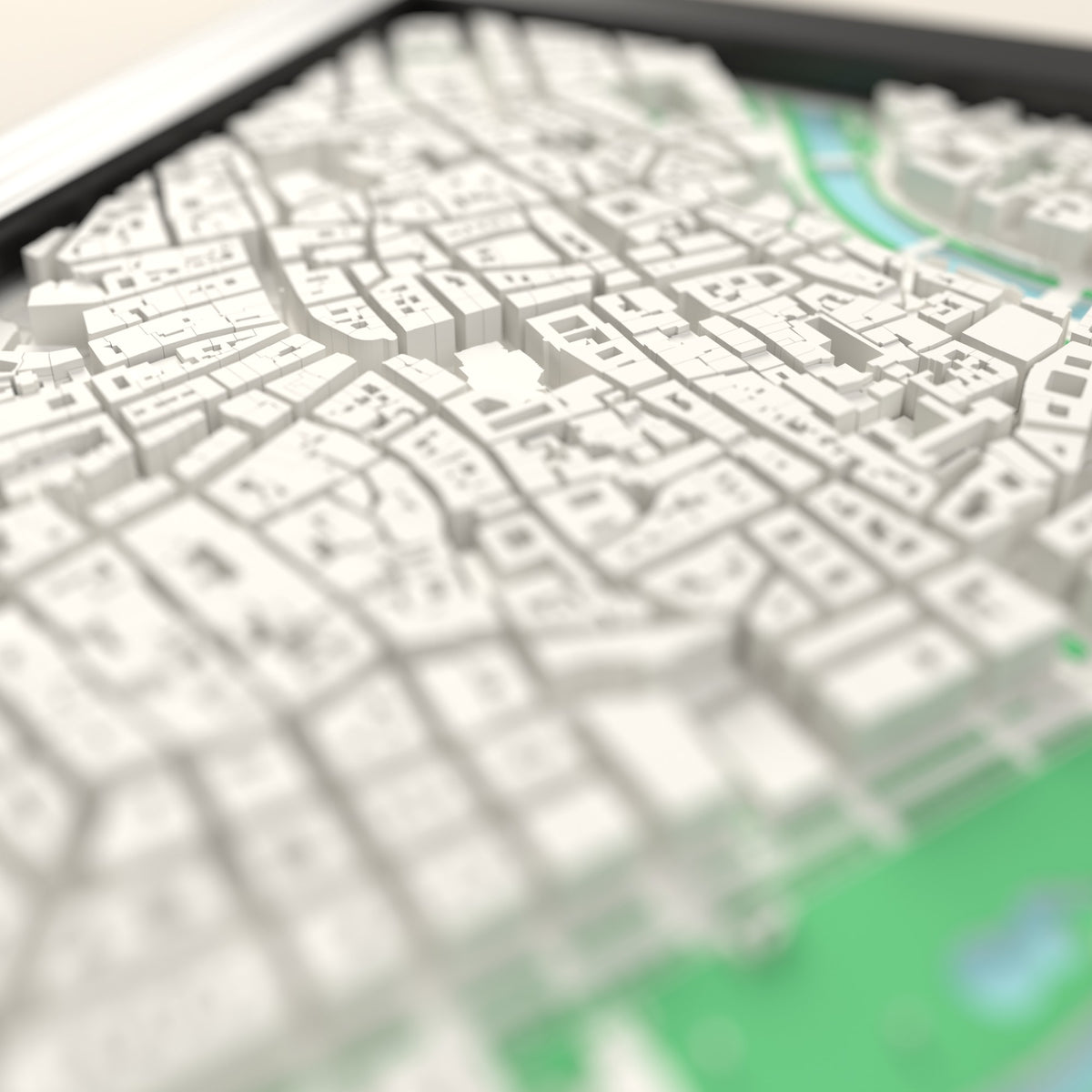 3D Vienna Map Framed - Close-up across the 3D Vienna map showing the raised streets and buildings