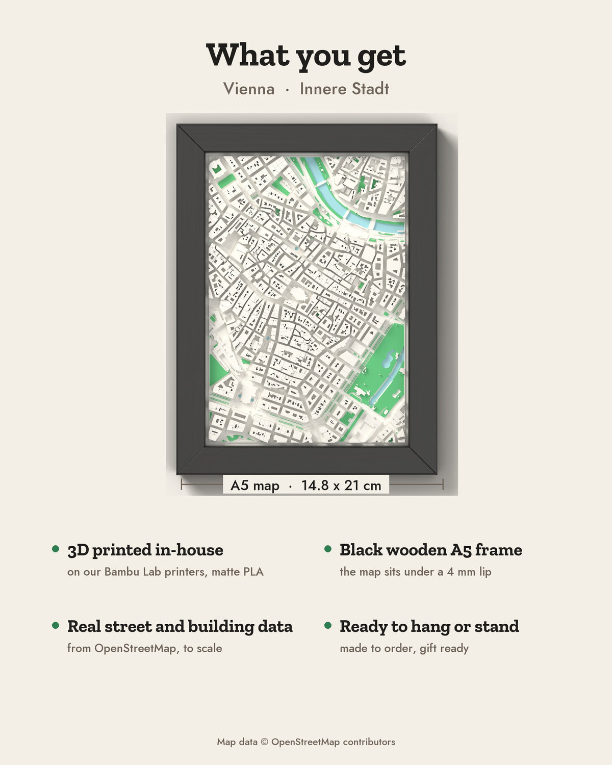 3D Vienna Map Framed - What you get: A5 3D city map, 14.8 x 21 cm, in a black wooden frame