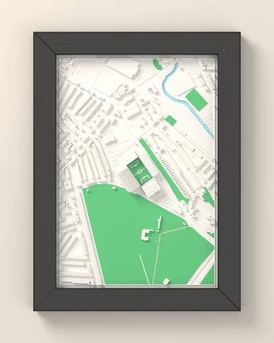 3D Villa Park Map Framed - 3D printed Villa Park map in a black wooden A5 frame, lit from the side