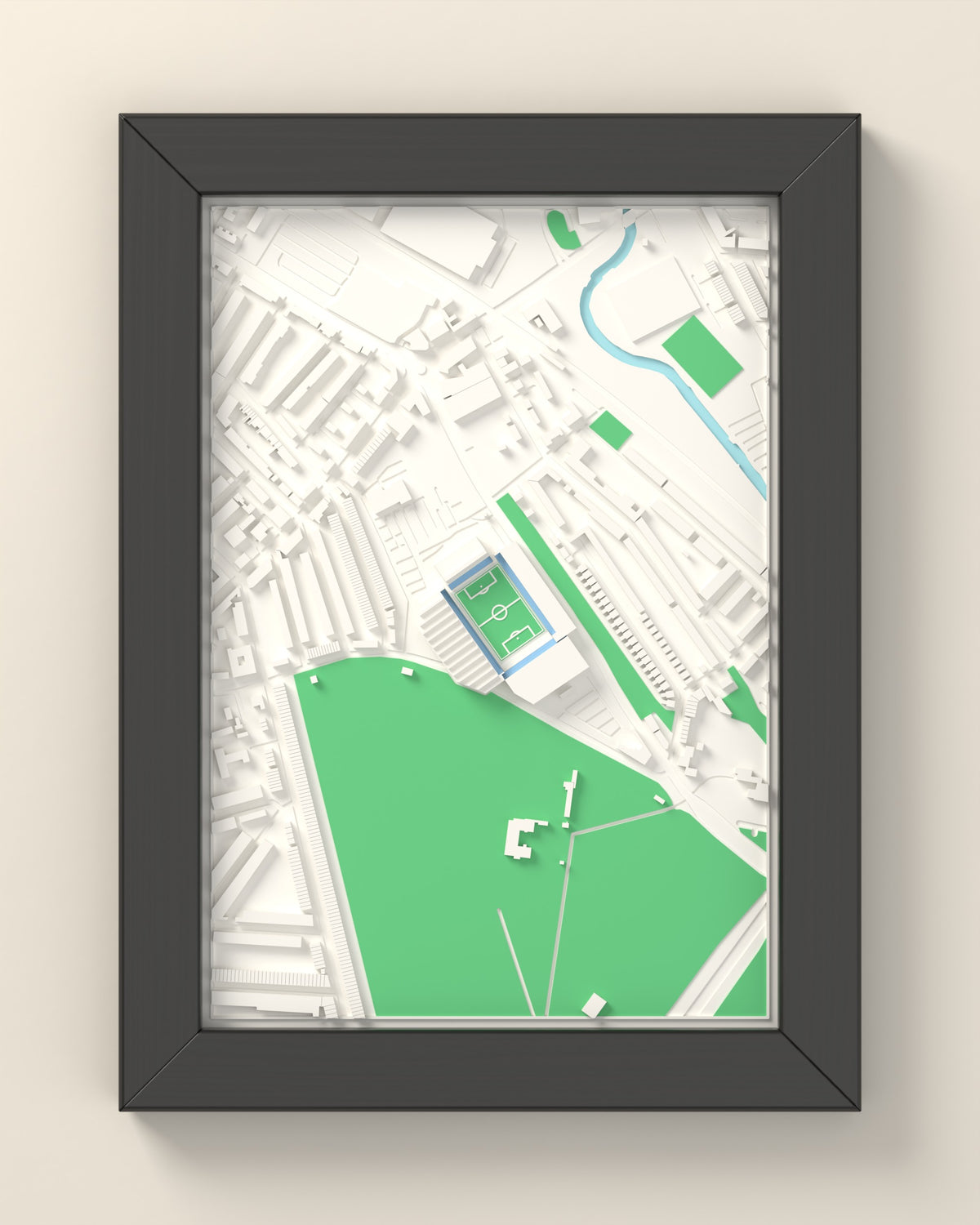 3D Villa Park Map Framed - 3D printed Villa Park map in a black wooden A5 frame, lit from the side