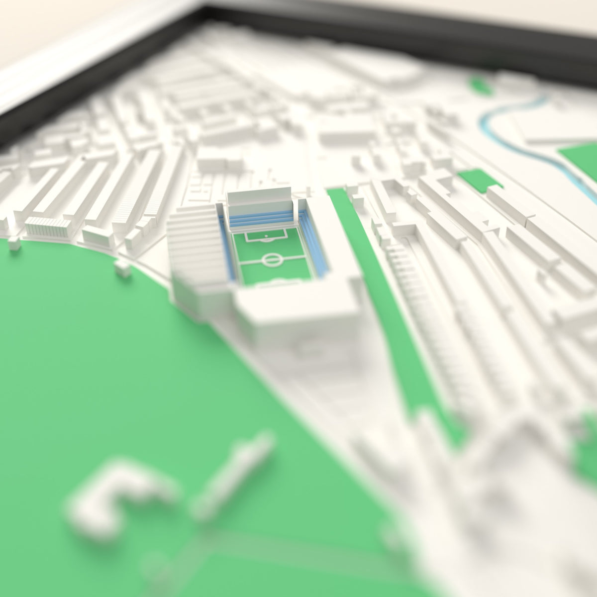 3D Villa Park Map Framed - Close-up across the 3D map: the real Villa Park stands with silver seats around the green pitch