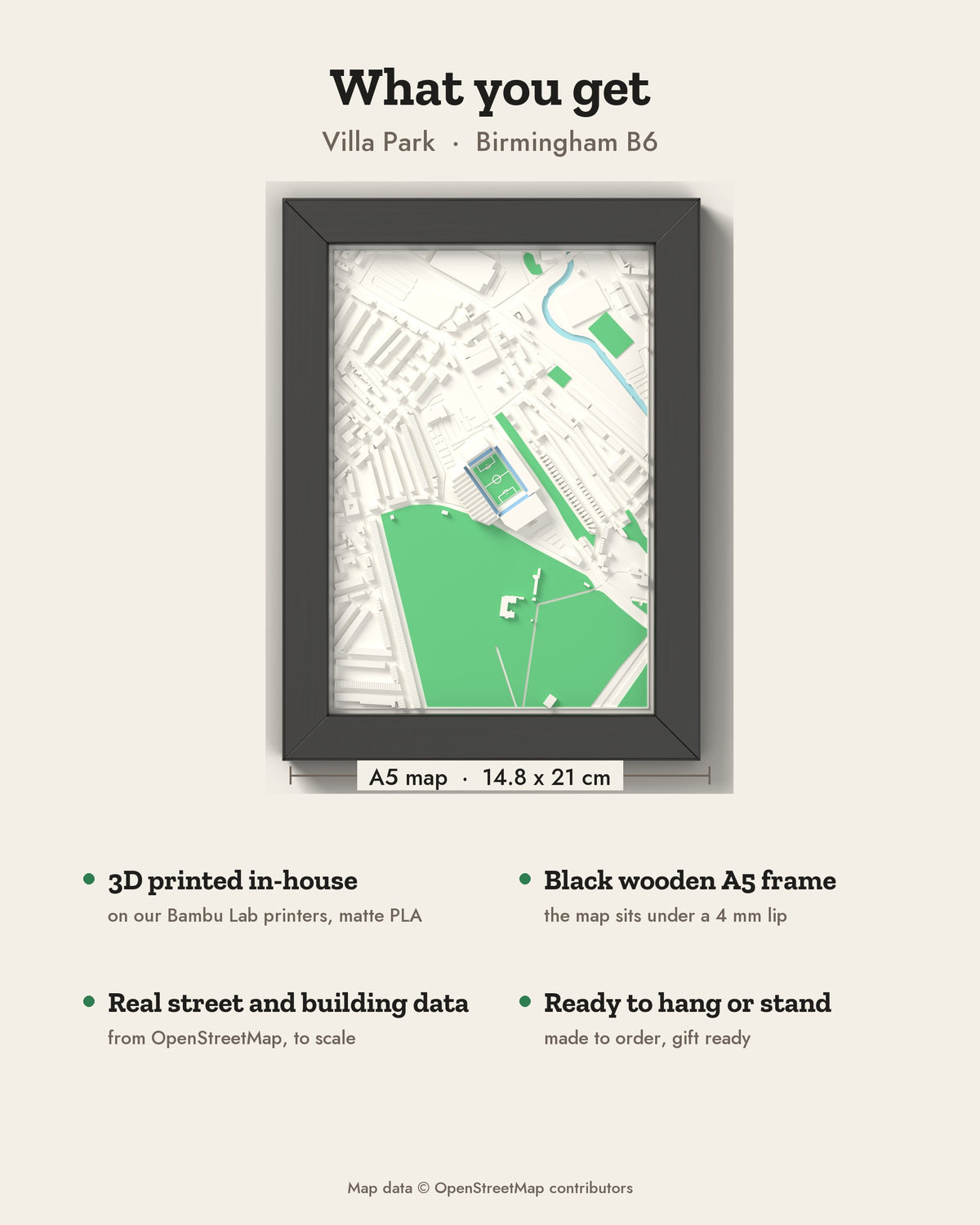 3D Villa Park Map Framed - What you get: A5 3D stadium map, 14.8 x 21 cm, in a black wooden frame