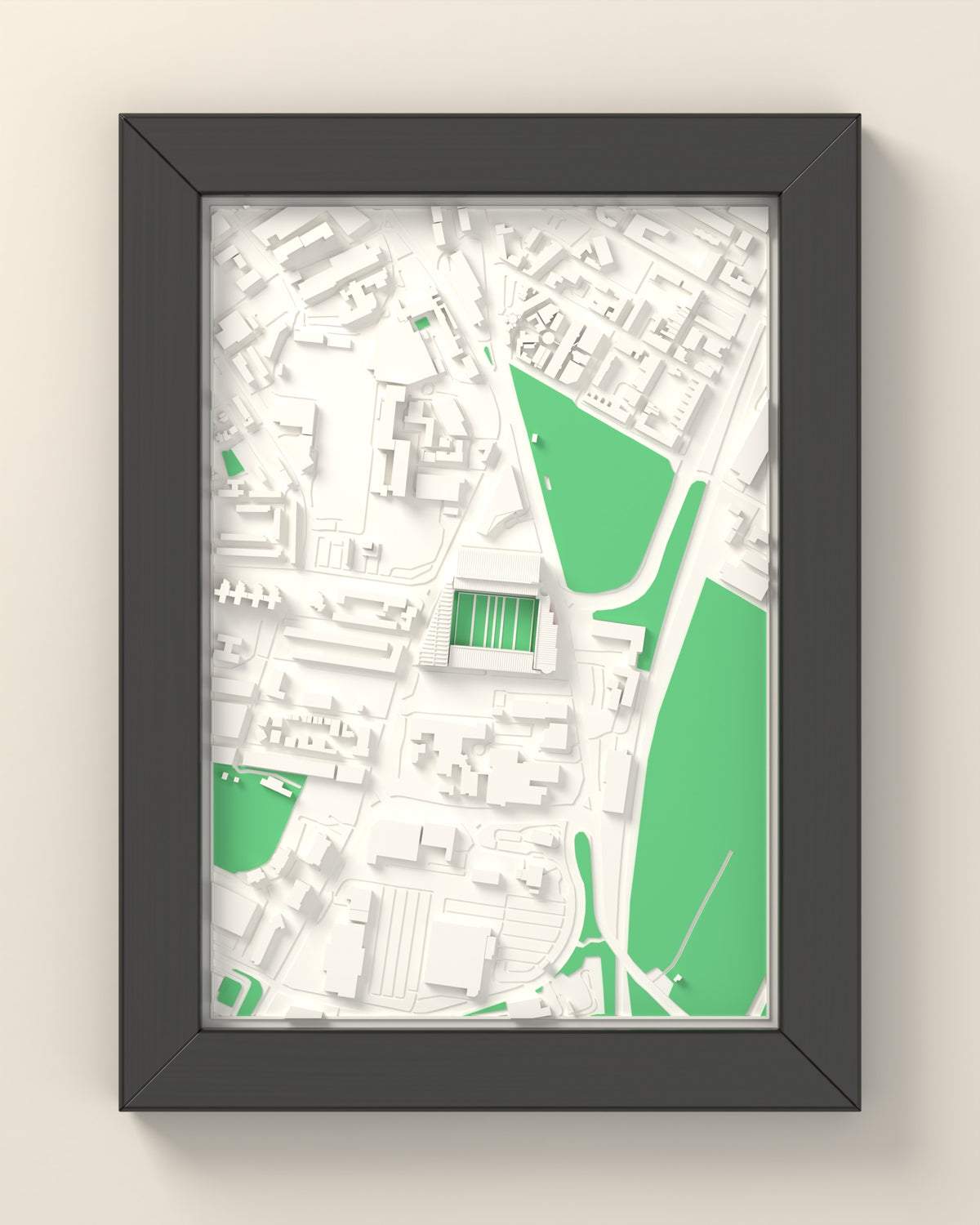 3D Welford Road Map Framed - 3D printed Welford Road map in a black wooden A5 frame, lit from the side