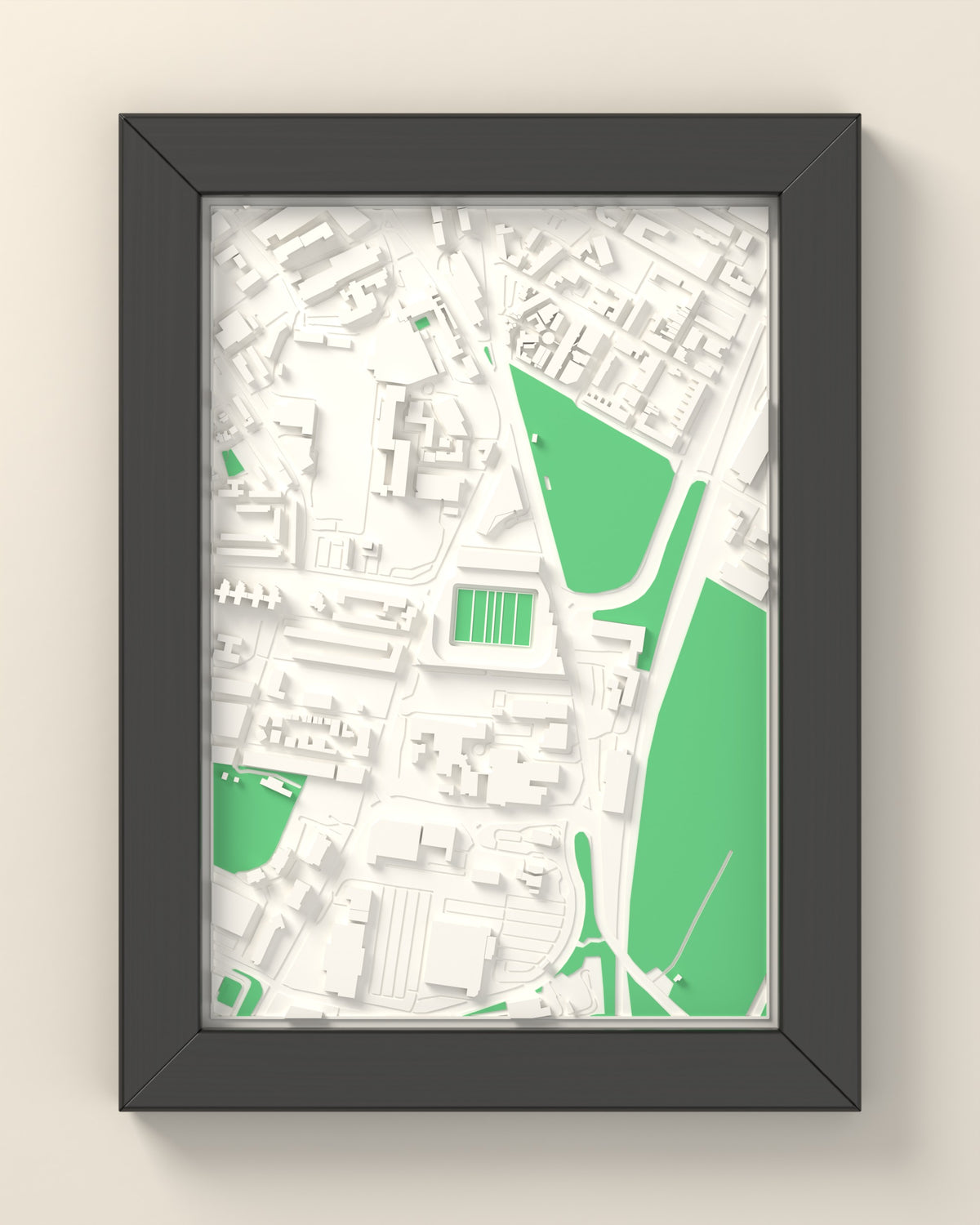 3D Welford Road Map Framed - 3D printed Welford Road map in a black wooden A5 frame, lit from the side
