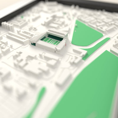 3D Welford Road Map Framed - Close-up across the 3D map: the real Welford Road stands with green seats around the green pitch