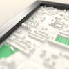 3D Welford Road Map Framed - Close-up across the 3D map showing the Welford Road stands and green pitch standing up from the streets