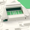 3D Welford Road Map Framed - Close-up of the 3D printed Welford Road: the white king truss above the big stand roof, the lattice-topped Europcar stand and green seats