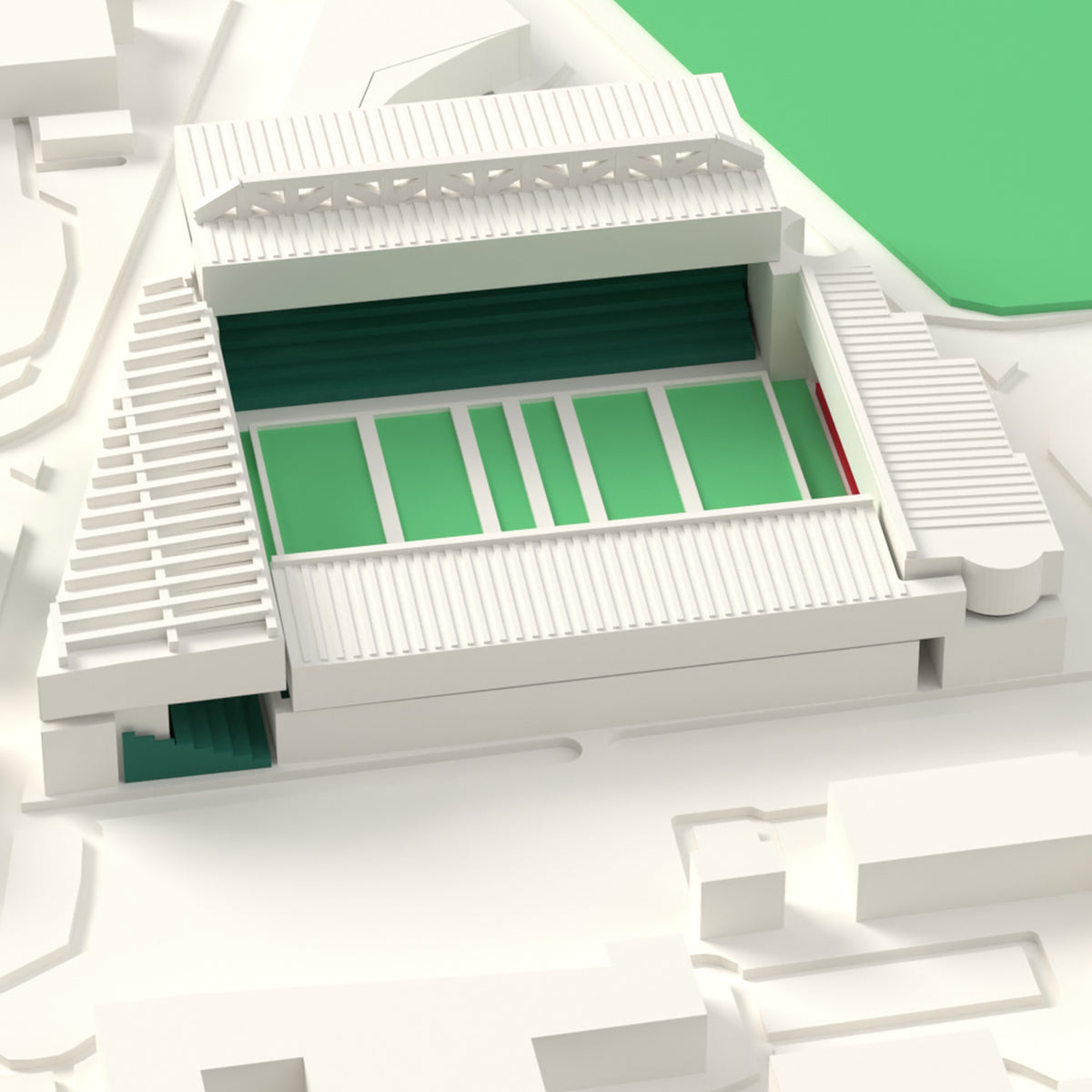 3D Welford Road Map Framed - Close-up of the 3D printed Welford Road: the white king truss above the big stand roof, the lattice-topped Europcar stand and green seats