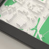 3D Welford Road Map Framed - Close-up of the raised streets and buildings around Welford Road on the 3D printed map
