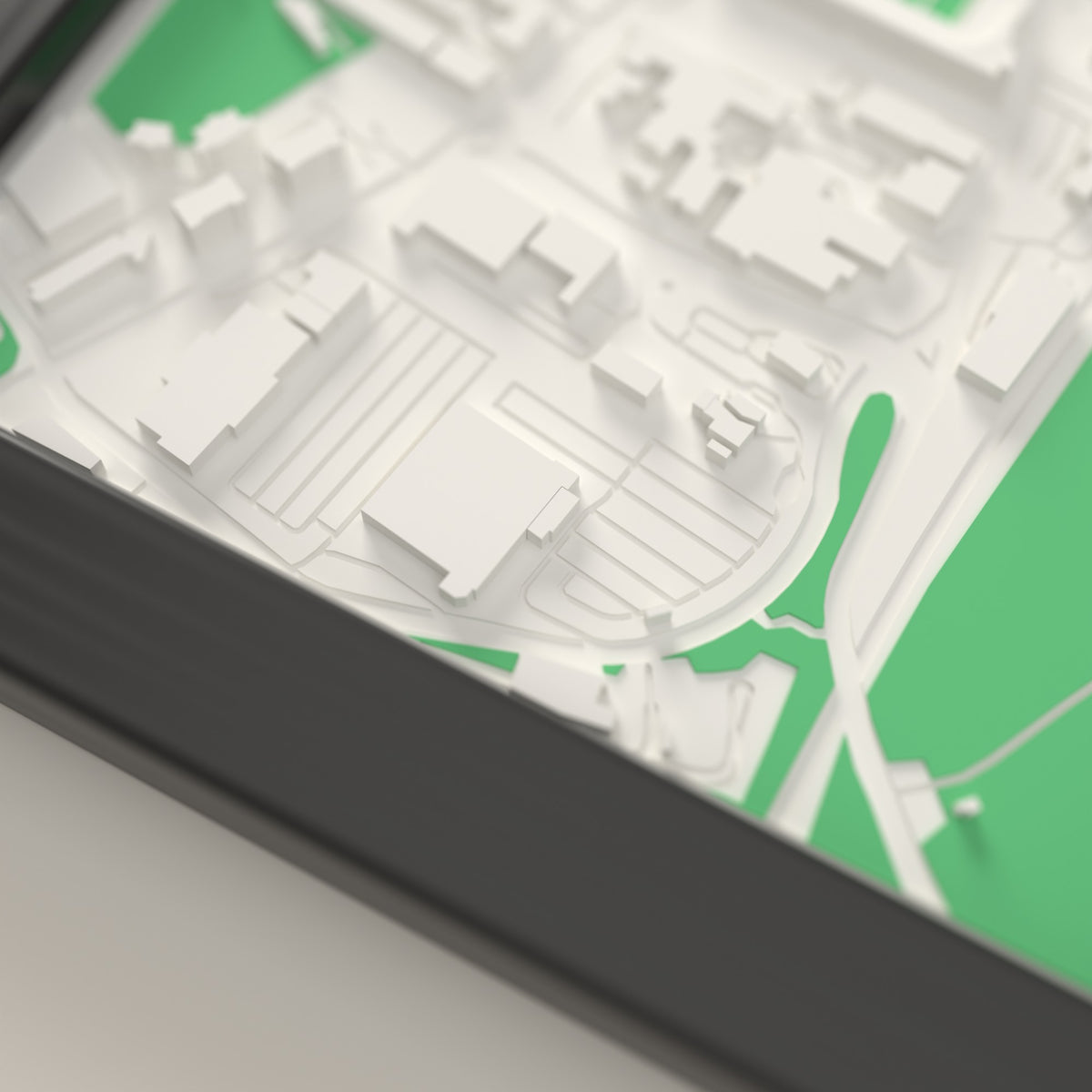 3D Welford Road Map Framed - Close-up of the raised streets and buildings around Welford Road on the 3D printed map
