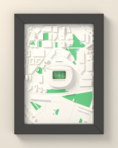 3D Wembley Stadium Map Framed - 3D printed Wembley Stadium map in a black wooden A5 frame, lit from the side
