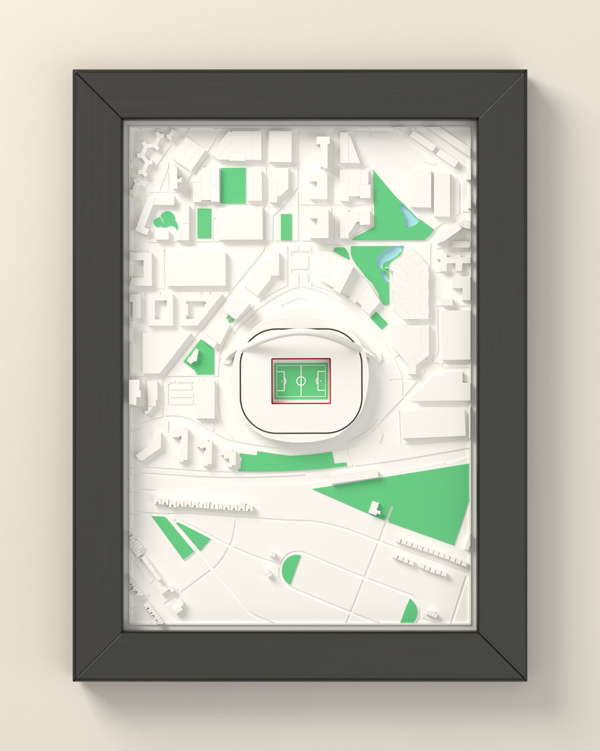 3D Wembley Stadium Map Framed - 3D printed Wembley Stadium map in a black wooden A5 frame, lit from the side
