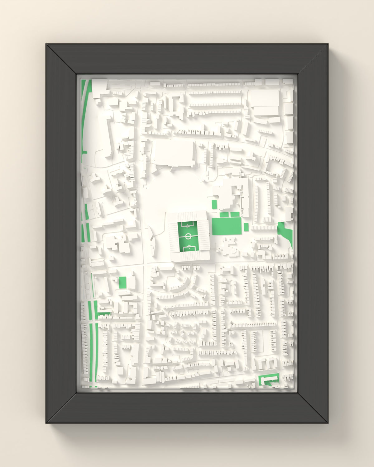 3D White Hart Lane Map Framed - 3D printed White Hart Lane lost ground map in a black wooden A5 frame, lit from the side
