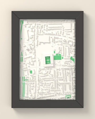 3D White Hart Lane Map Framed - 3D printed White Hart Lane lost ground map in a black wooden A5 frame, lit from the side
