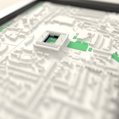 3D White Hart Lane Map Framed - Close-up across the 3D map showing the old White Hart Lane stands and green pitch standing up from the streets