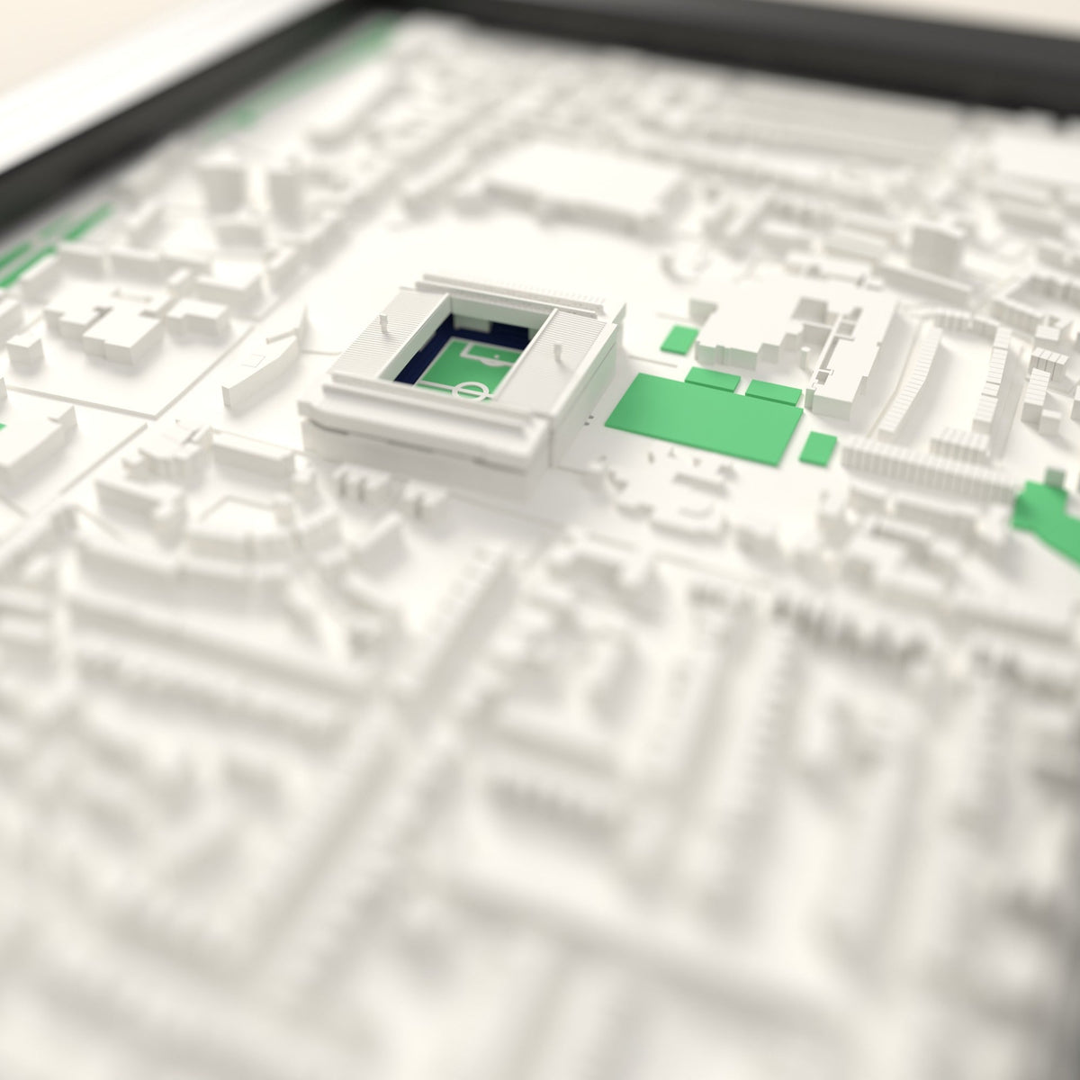 3D White Hart Lane Map Framed - Close-up across the 3D map showing the old White Hart Lane stands and green pitch standing up from the streets