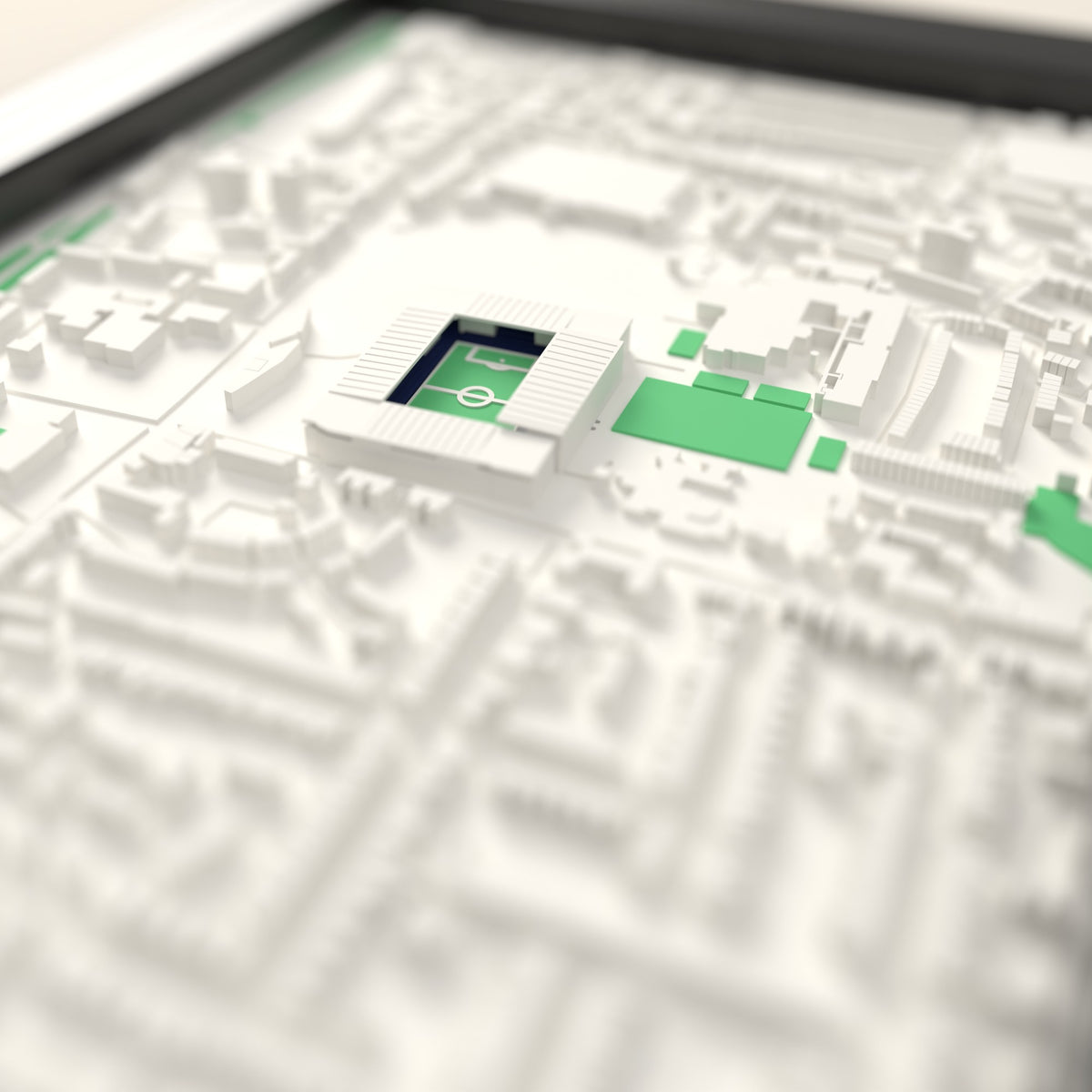 3D White Hart Lane Map Framed - Close-up across the 3D map showing the old White Hart Lane stands and green pitch standing up from the streets