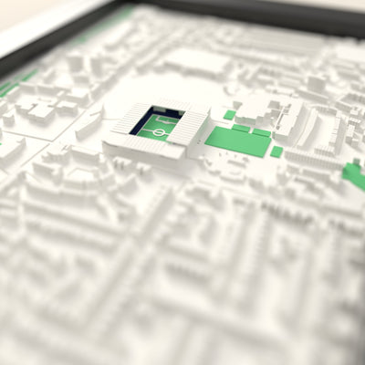 3D White Hart Lane Map Framed - Close-up across the 3D map showing the old White Hart Lane stands and green pitch standing up from the streets