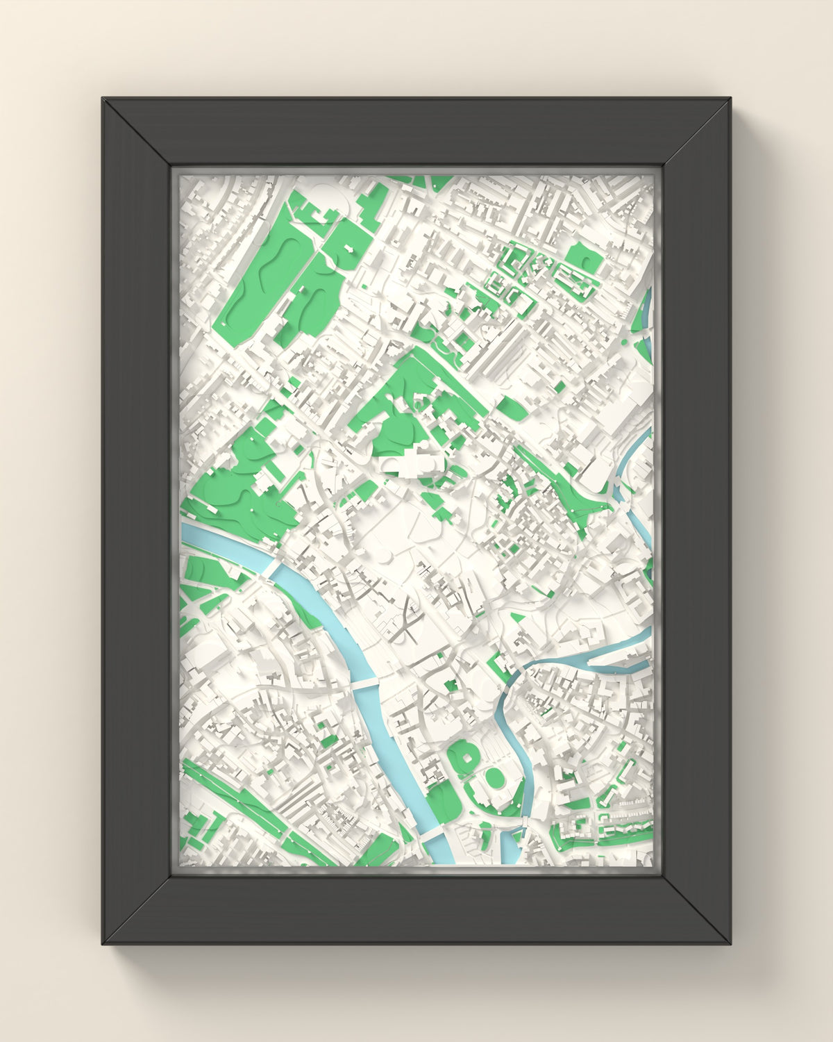 3D York Map Framed - 3D printed York map in a black wooden A5 frame, lit from the side