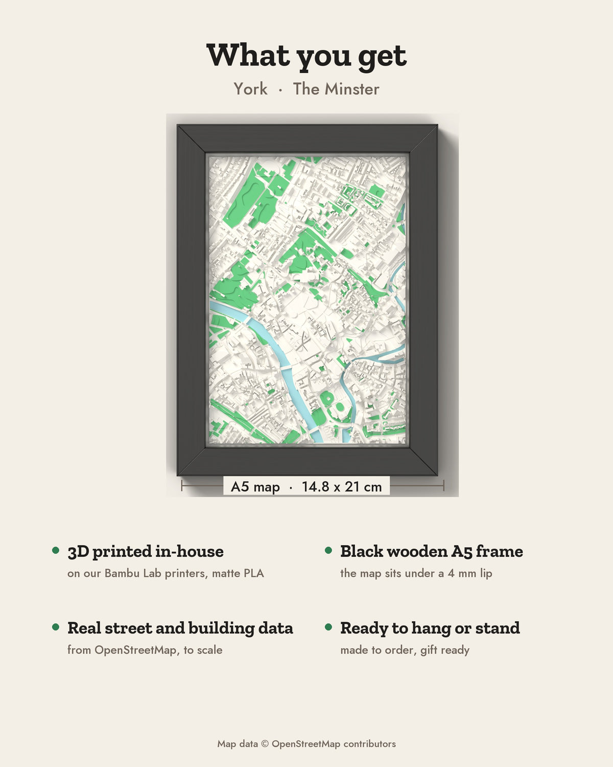 3D York Map Framed - What you get: A5 3D city map, 14.8 x 21 cm, in a black wooden frame