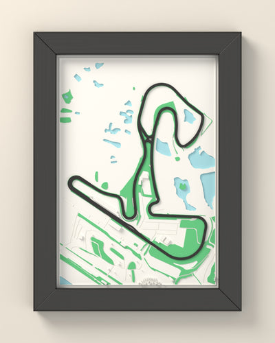 3D Zandvoort Circuit Map Framed - 3D printed Zandvoort Circuit map in a black wooden A5 frame, the track raised in dark grey