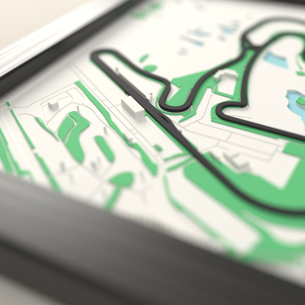 3D Zandvoort Circuit Map Framed - Close-up across the 3D map: the Zandvoort Circuit track standing up from the map