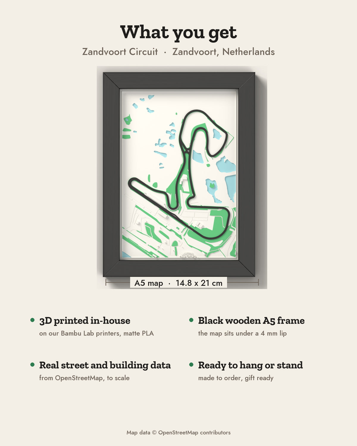 3D Zandvoort Circuit Map Framed - What you get: A5 3D circuit map, 14.8 x 21 cm, in a black wooden frame