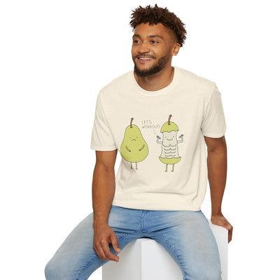 White t-shirt with Let's Workout Pear Gym Fruit Pun