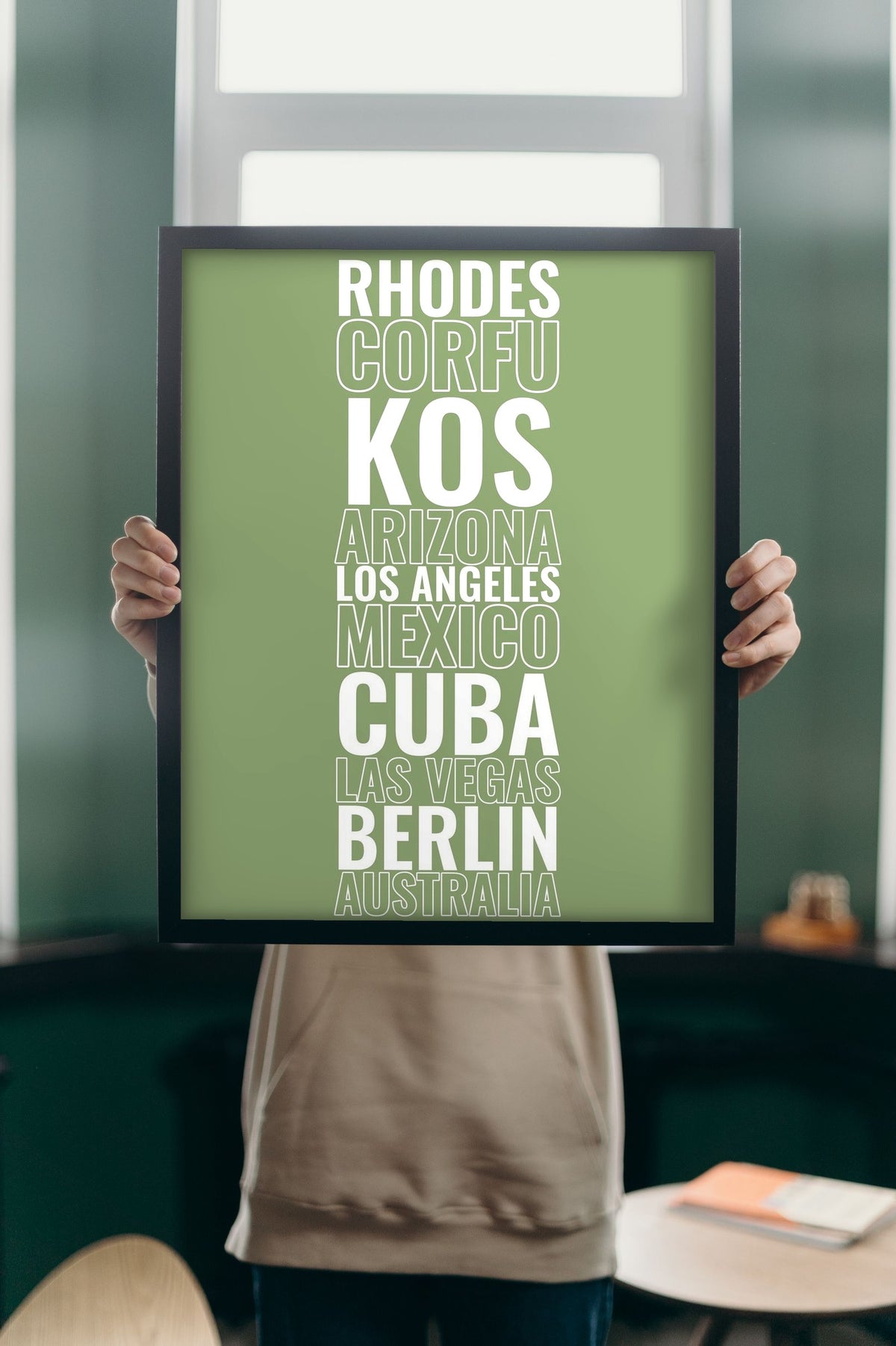 Lifestyle - Personalised Travel Destination Print held up in a bright room